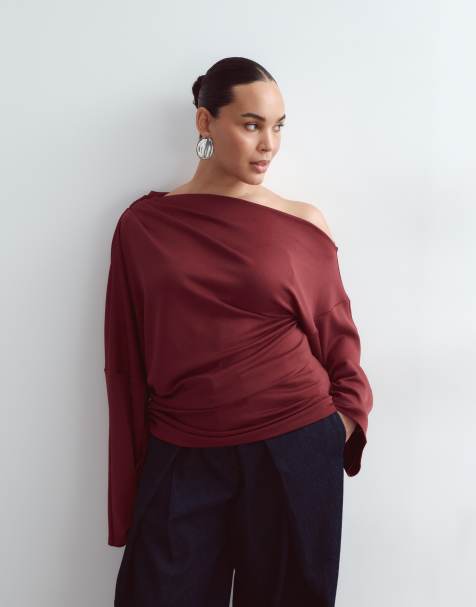 ARRANGE Curve jersey off shoulder wide sleeve top with ruched hem in burgundy - view 1