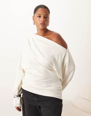 Arrange Curve Jersey Off The Shoulder Wide Sleeves Top With Ruched Hem In White