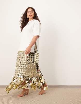 ARRANGE Curve - Jupe mi-longue style futuriste à sequins et ourlet à franges - Doré