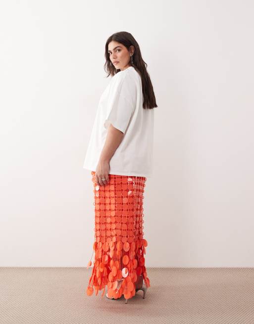 ARRANGE Curve - Jupe mi-longue style futuriste à sequins et ourlet à franges - Tomate, 4 de 5
