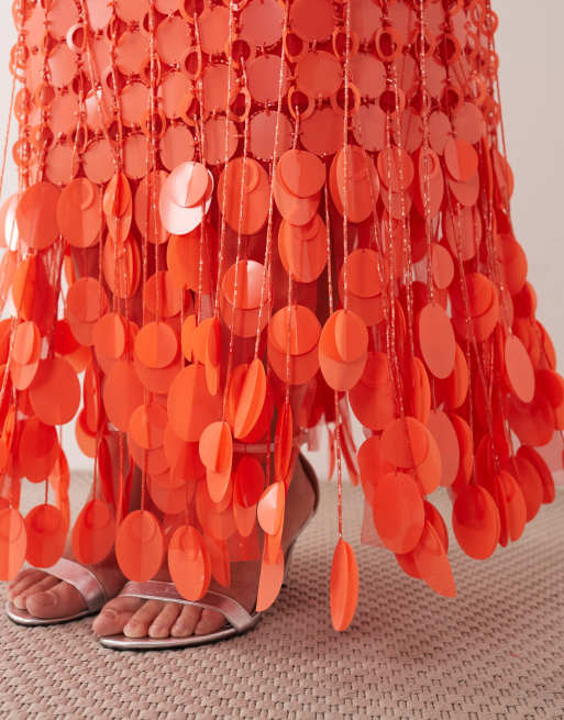 ARRANGE Curve - Jupe mi-longue style futuriste à sequins et ourlet à franges - Tomate, 5 de 5
