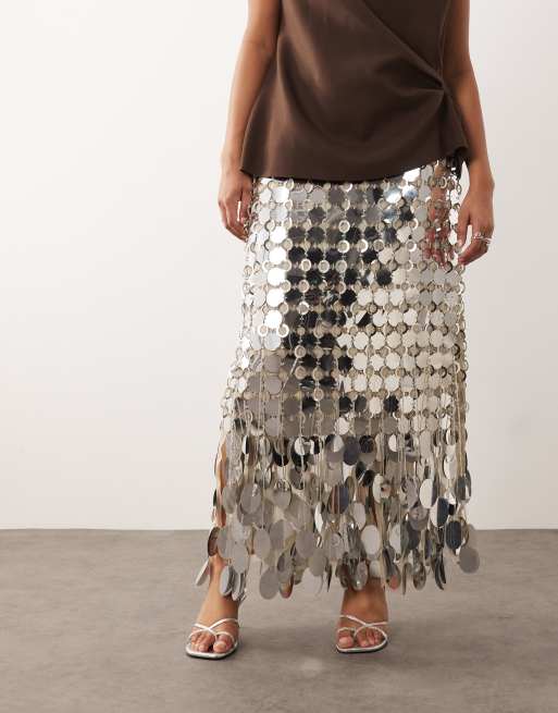 ARRANGE Curve - Jupe mi-longue style futuriste avec sequins et ourlet à franges - Argenté, 2 de 5