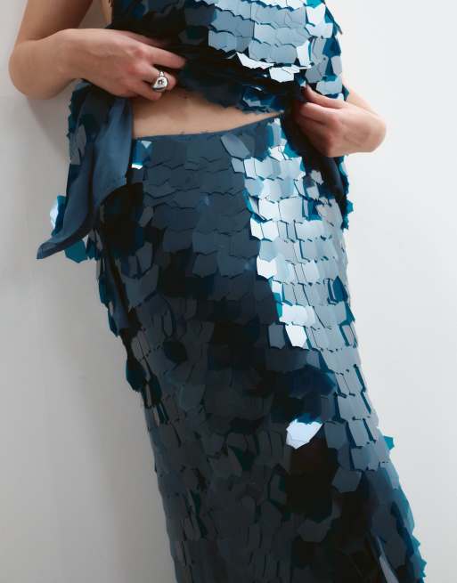 ARRANGE Curve jupe midi coordonnée à sequins shard à ourlet carré, bleu pétrole, 4 de 5