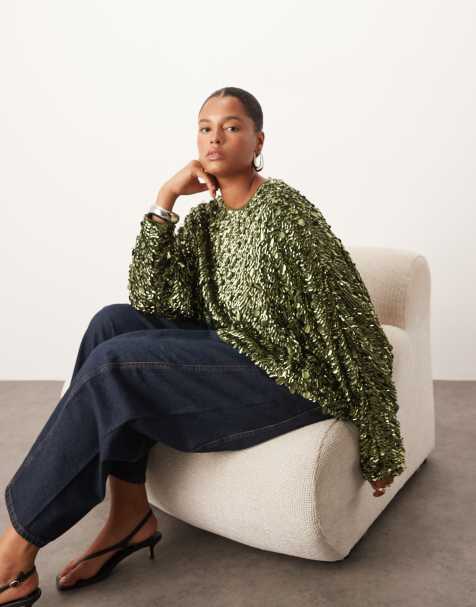 ARRANGE Curve – Kakigrön topp med fyrkantig design, långa ärmar och paljetter - view 1