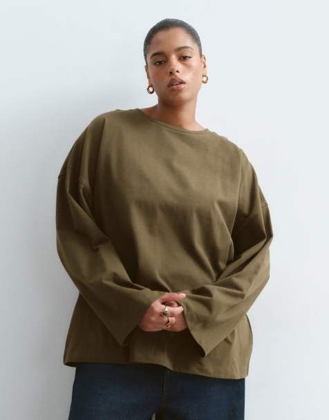 ARRANGE Curve katoenen oversized T-shirt met lange mouwen in kaki - view 1