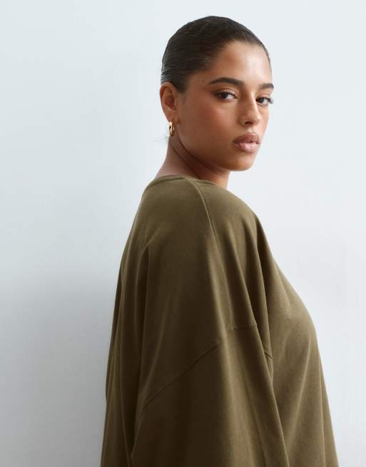 ARRANGE Curve katoenen oversized T-shirt met lange mouwen in kaki, 2 van 4