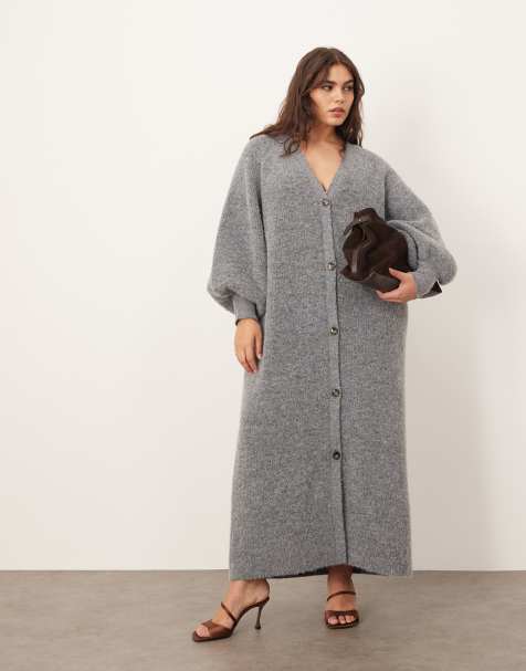 ARRANGE Curve knit balloon sleeve button through midi dress in gray - view 1