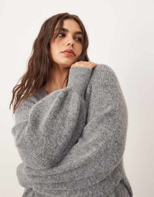 ARRANGE curve knit balloon sleeve button through midi dress in grey