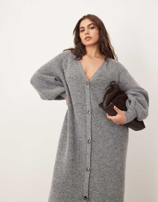 ARRANGE curve knit balloon sleeve button through midi dress in grey