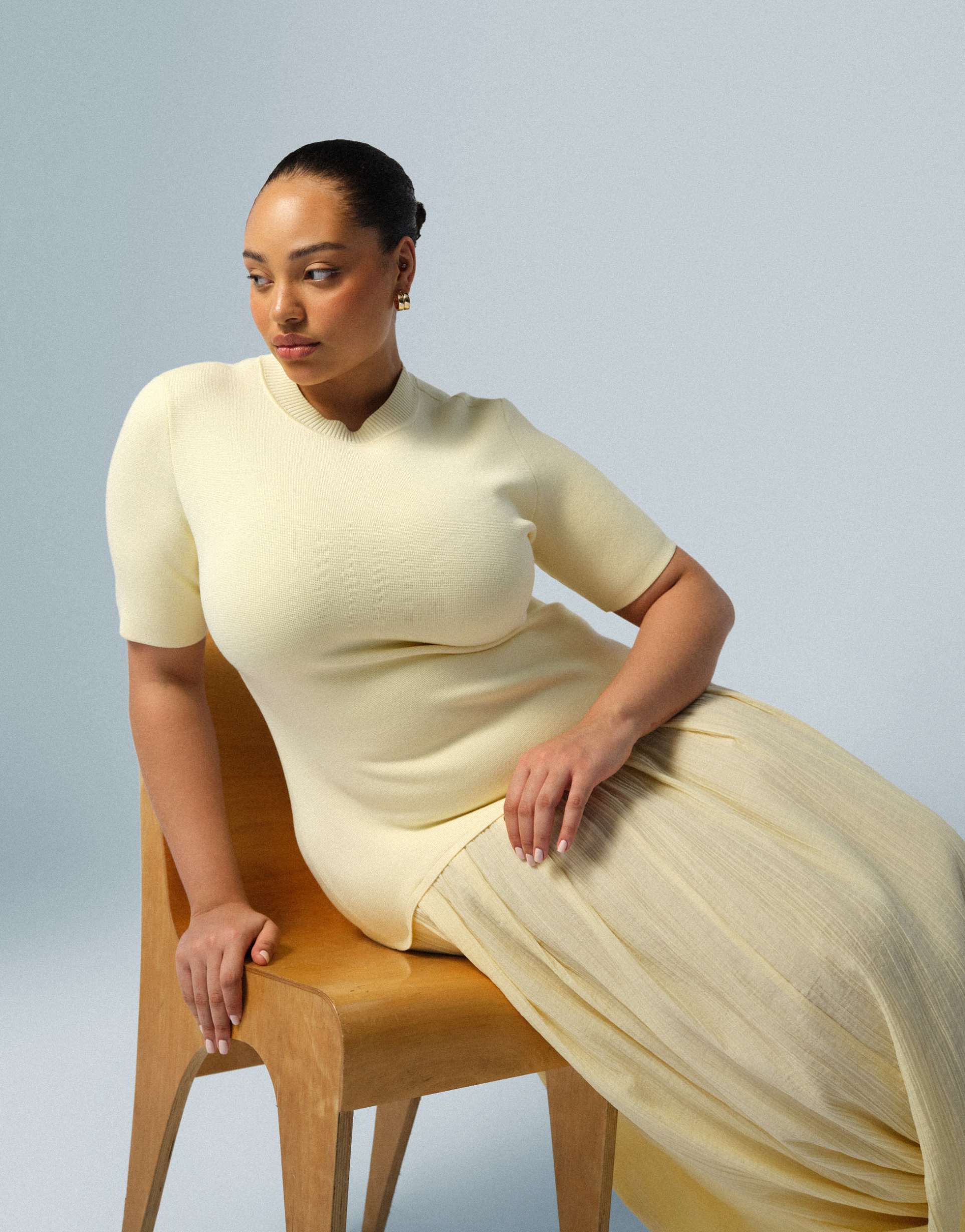 arrange curve knit short sleeve hybrid midi dress in buttermilk