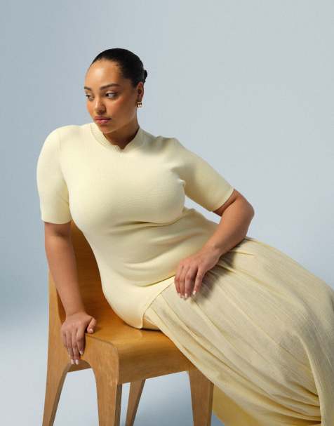 ARRANGE Curve knit short sleeve hybrid midi dress in buttermilk