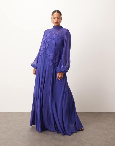 ARRANGE Curve applique floral tie neck blouson sleeve trapeze maxi dress in cobalt blue