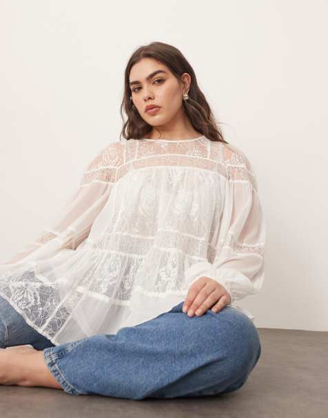 ARRANGE Curve lace detail blouson sleeve top with drawstring detail in white - view 1