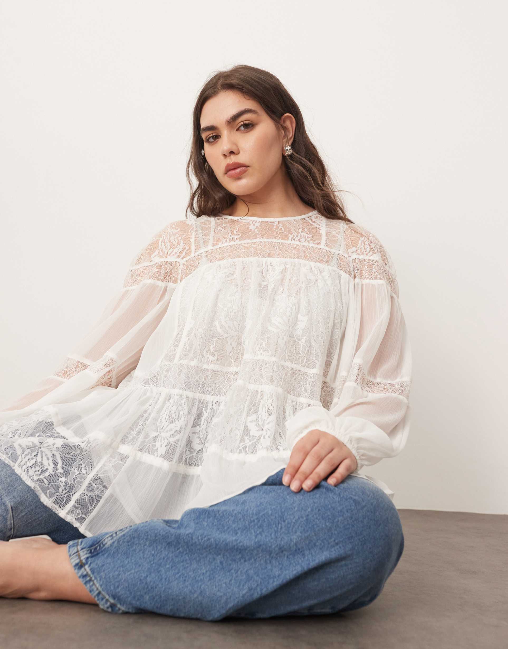 arrange curve lace detail blouson sleeve top with drawstring detail in white