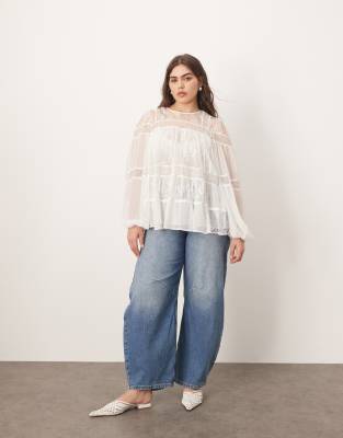 Arrange Curve Lace Detail Blouson Sleeve Top With Drawstring Detail In White