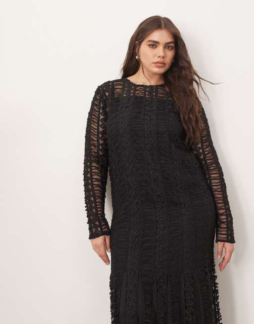 ARRANGE Curve – Langärmliges Midikleid in Schwarz mit Spitzenstickerei und Fransensaum, 2 von 4