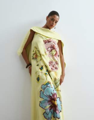 ARRANGE Curve large botanical floral satin drape maxi dress in lime green