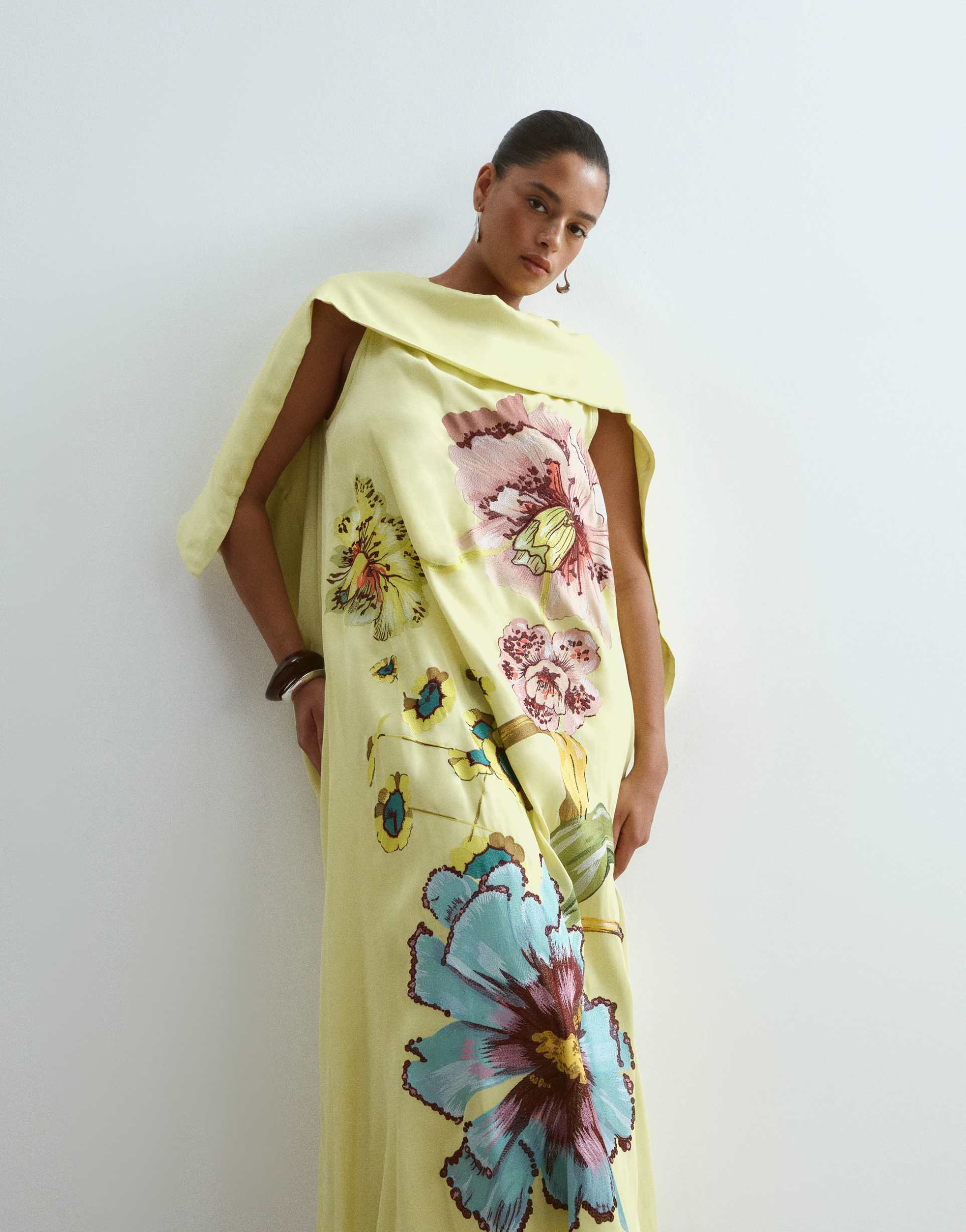 arrange curve large botanical floral satin drape maxi dress in lime green