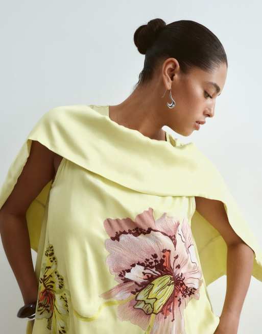 ARRANGE Curve large botanical floral satin drape maxi dress in lime green, 5 of 5