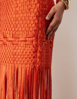 Arrange Curve Lattice Hand Woven Fringed Hem Midi Dress In Red