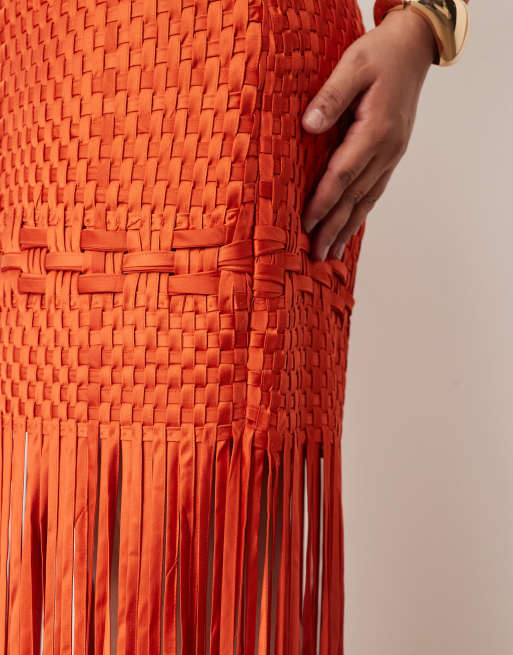 ARRANGE Curve lattice hand woven fringed hem midi dress in red