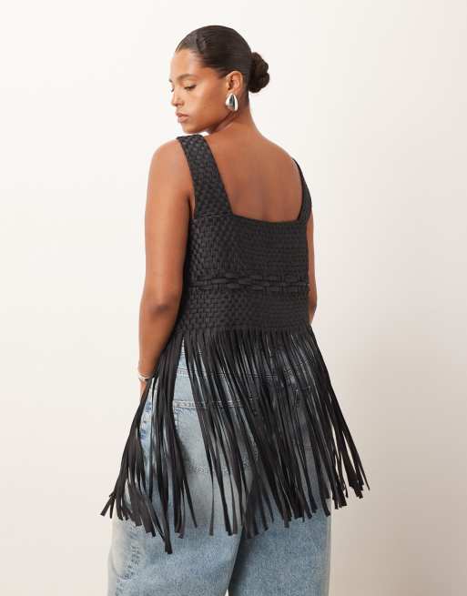 ARRANGE Curve lattice hand-woven top with fringe hem in black