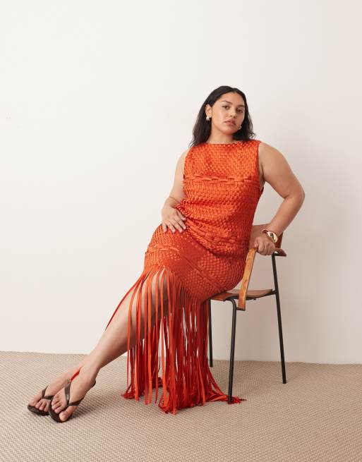 ARRANGE Curve lattice handwoven fringe hem midi dress in red, 3 of 4