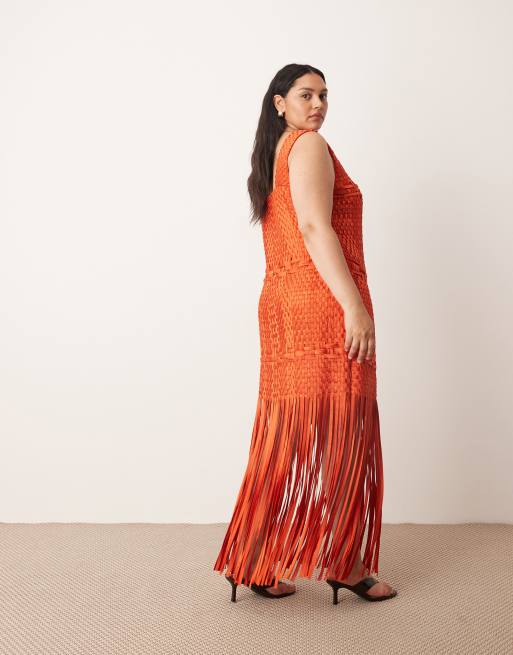 ARRANGE Curve lattice handwoven fringe hem midi dress in red, 4 of 4