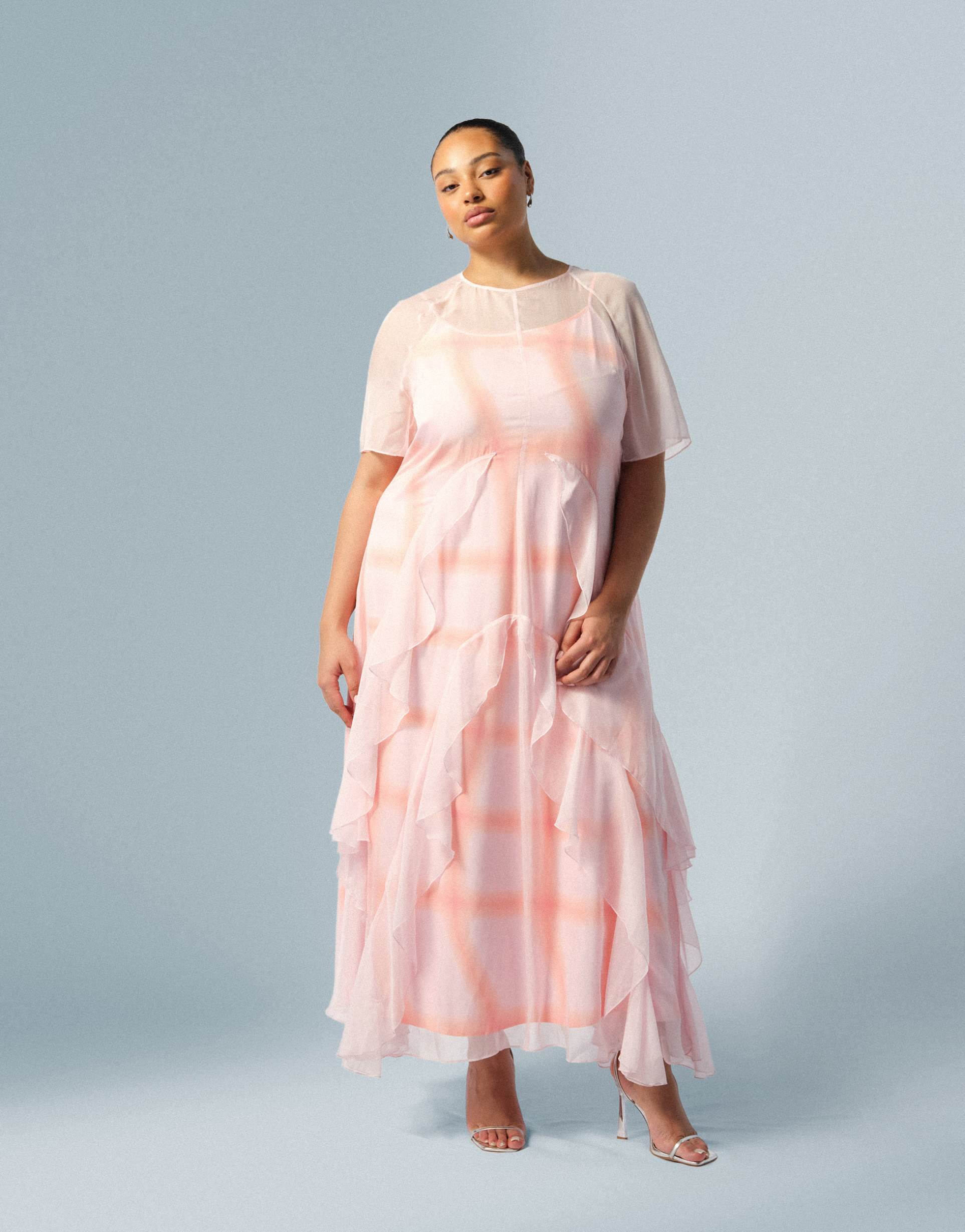 arrange curve layered ruffle down tiered maxi dress in light pink