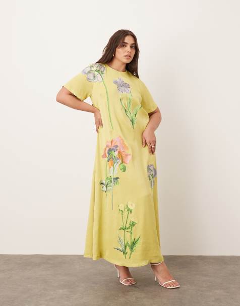 ARRANGE Curve satin floral embroidered t-shirt maxi dress in lime