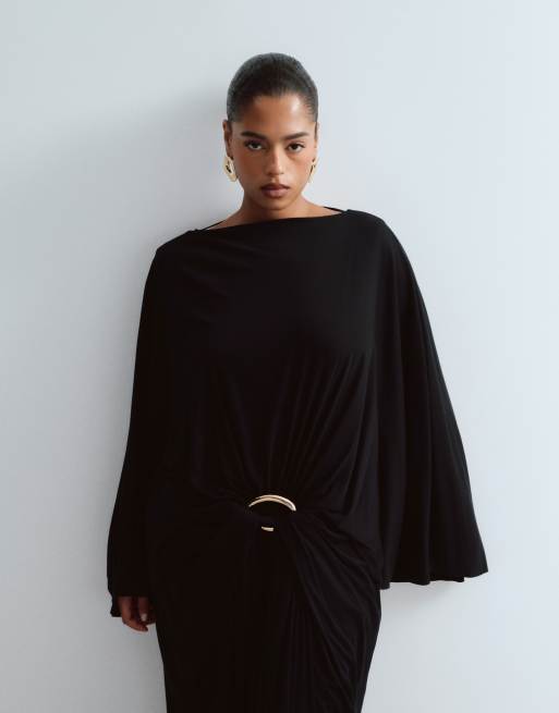ARRANGE Curve long sleeve drape maxi dress with gold hardware trim detail in black, 2 of 4