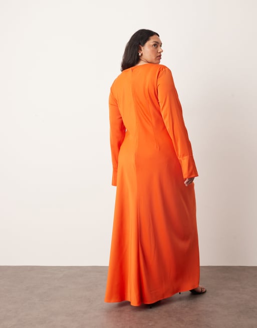 ARRANGE Curve long sleeve drape maxi dress with molten metal trim in orange, 3 of 4