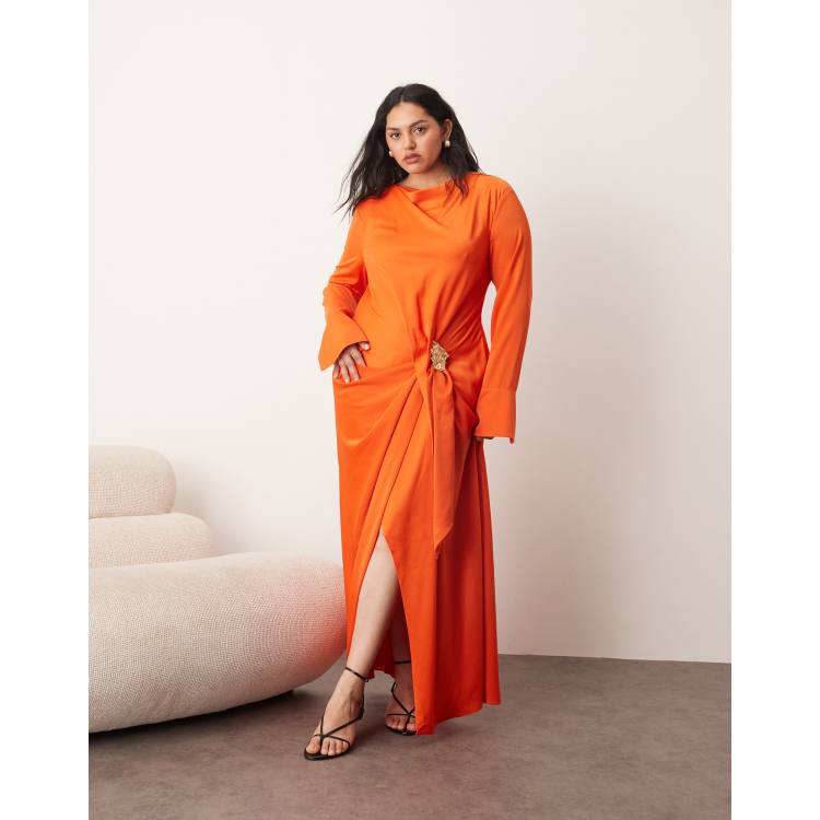 orange formal dress with sleeves Flirty Orange Chiffon Puffy Long Sleeve Evening Dress