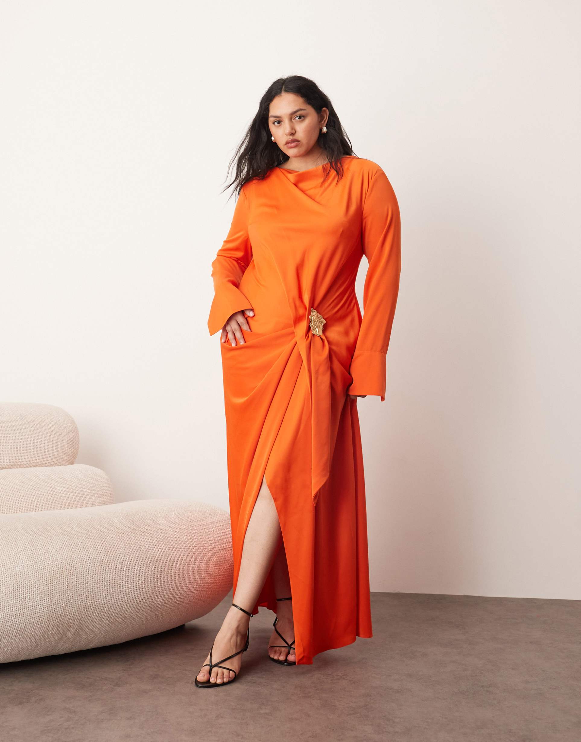 arrange curve long sleeve draped maxi dress with molten metal trim in orange