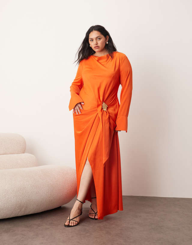 orange formal dress with sleeves ARRANGE Curve long sleeve draped maxi molten metal trim in occ:Party