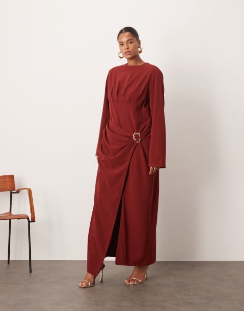 ARRANGE Curve long sleeve draped satin maxi dress with gold hardware in red