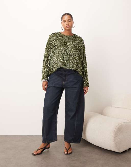 ARRANGE Curve long sleeve square cut top in molten khaki-green sequins