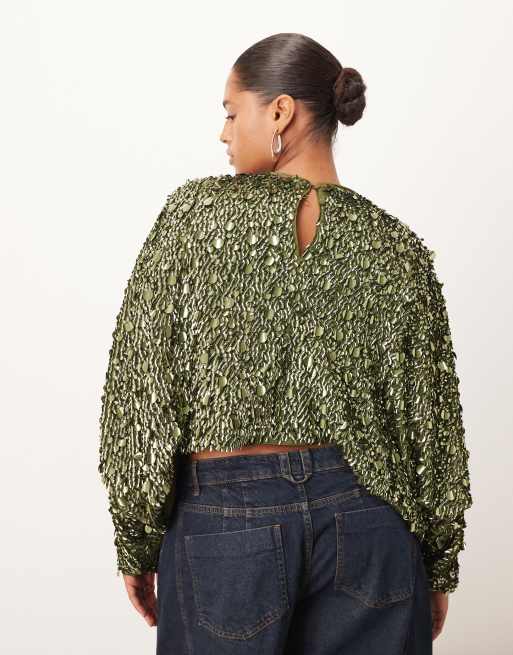 ARRANGE Curve long sleeve square cut top in molten khaki-green sequins