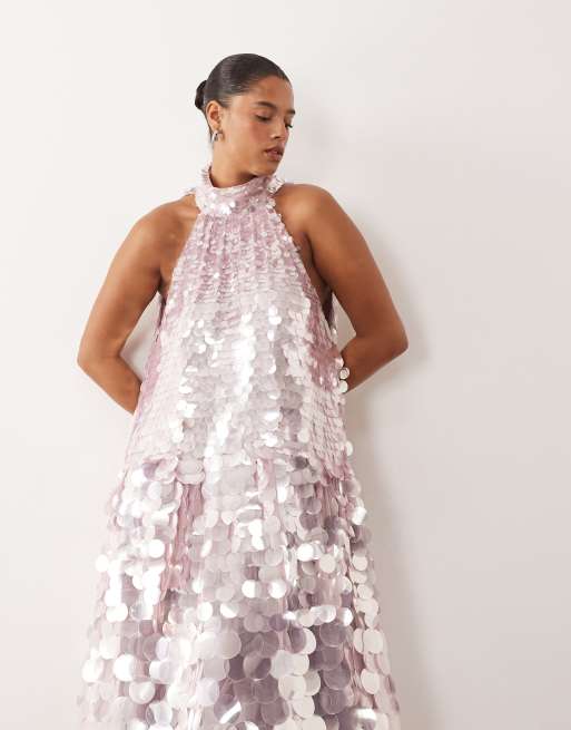 ARRANGE Curve - Lyslilla trapez-formet maxikjole med halterneck og store skivepailletter, 2 af 4