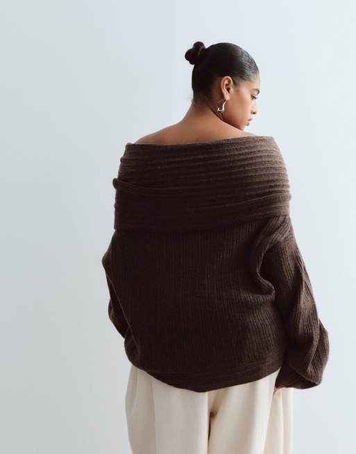ARRANGE Curve maglione a coste spesse con spalle scoperte e maniche lunghe marrone, 4 di 4