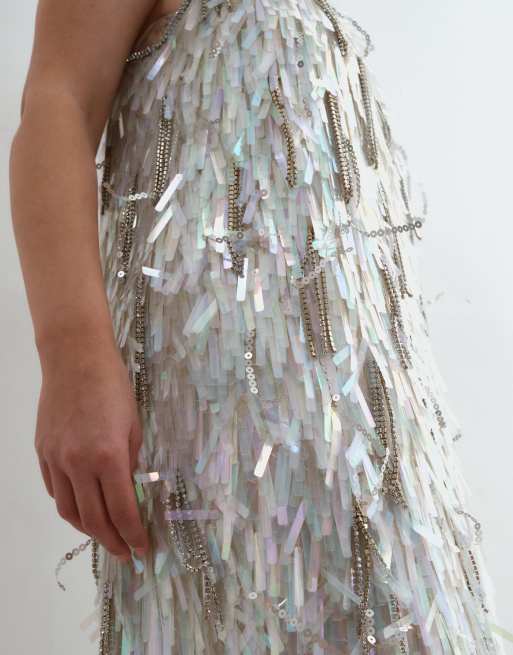 ARRANGE Curve maxi cami-jurk met strassfranje en lovertjes in zilver, 2 van 5