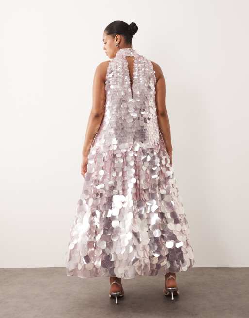 ARRANGE - Curve - Maxi halterjurk met A-lijn en grote lovertjes in lila, 3 van 4