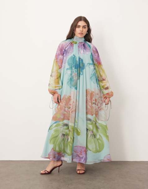 ARRANGE Curve - Maxi-jurk van chiffon met A-lijn, ballonmouwen en grote bloemenprint in blauw - view 1