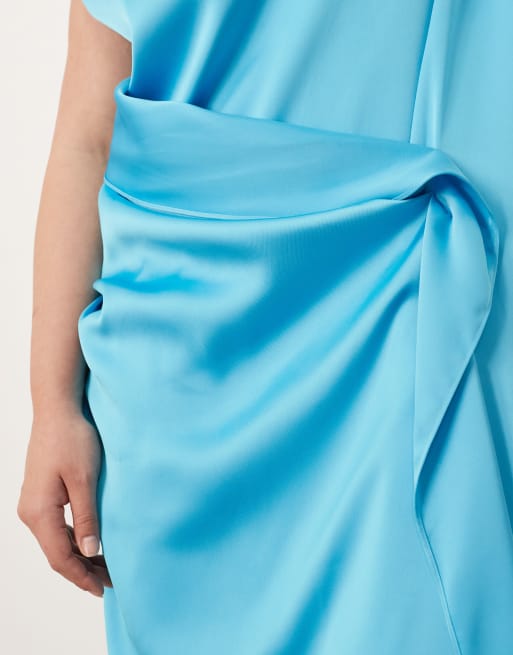 ARRANGE - Curve - Maxi-jurk van satijn met blote schouders en drapering in blauw, 4 van 4