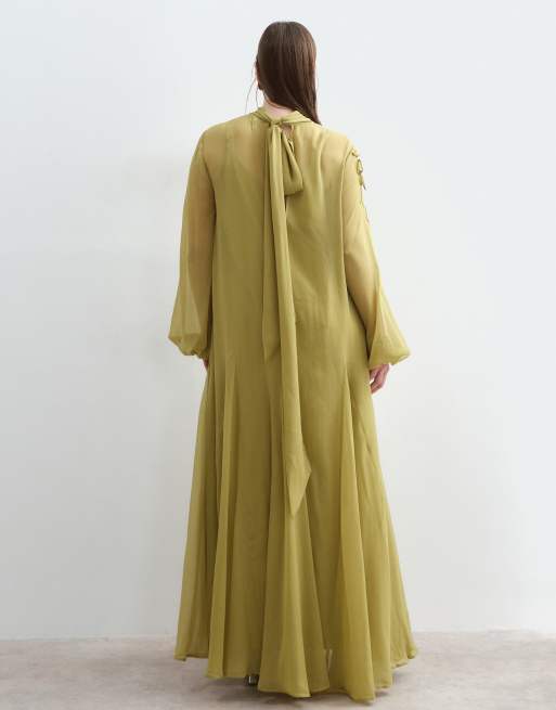ARRANGE Curve maxikjole med blomstret broderi, bindebånd i halsen, blousonærmer og trapezsnit i lime, 3 af 5