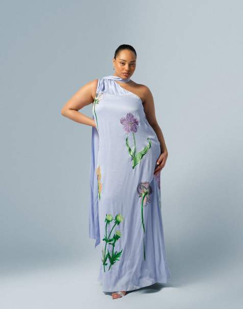 ARRANGE Curve – Maxikleid in gedecktem Blau mit botanischem Blumenmuster, One-Shoulder-Träger und Stickerei - view 1
