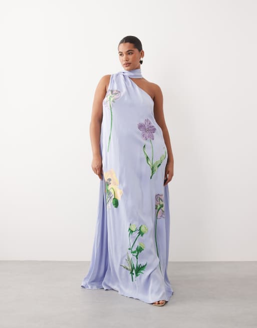 ARRANGE Curve – Maxikleid in gedecktem Blau mit botanischem Blumenmuster, One-Shoulder-Träger und Stickerei, 2 von 4