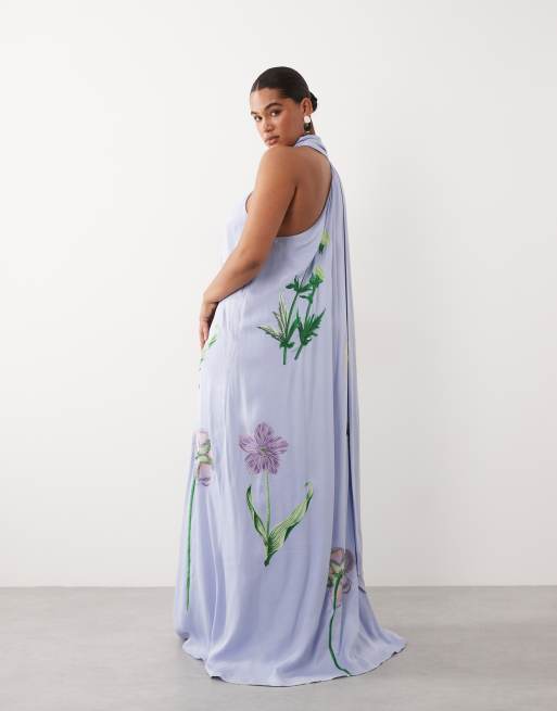 ARRANGE Curve – Maxikleid in gedecktem Blau mit botanischem Blumenmuster, One-Shoulder-Träger und Stickerei, 4 von 4