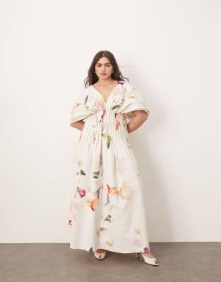 ARRANGE Curve - Maxikleid mit geraffter Taille, Faltendetail und Blumenmuster-Bunt