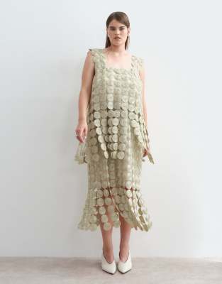 Arrange Curve Metallic Circle Fringe Column Midi Dress In Green